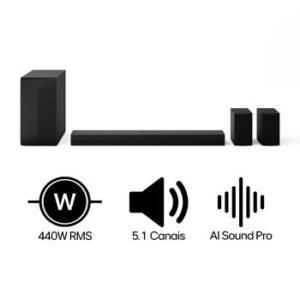 LG SoundBar S60TR – 440W RMS, 5.1 Canais, Bluetooth 5.3, Dolby Digital, Alto-Falantes Traseiros, AI Sound Pro, Wow Interface, Sem fios, Conexões Múltiplas - S60TR